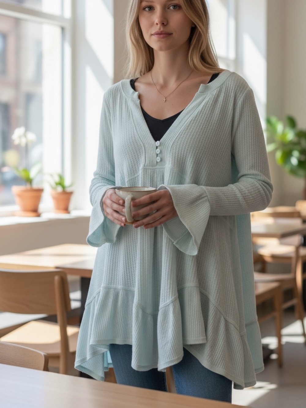 Free People Pastel Mint Ruffle-Hem Waffle Tunic